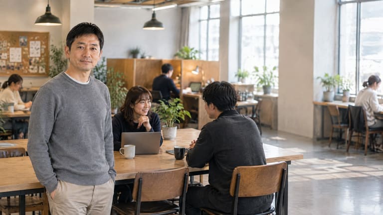 共用の作業スペースで会話する人たち