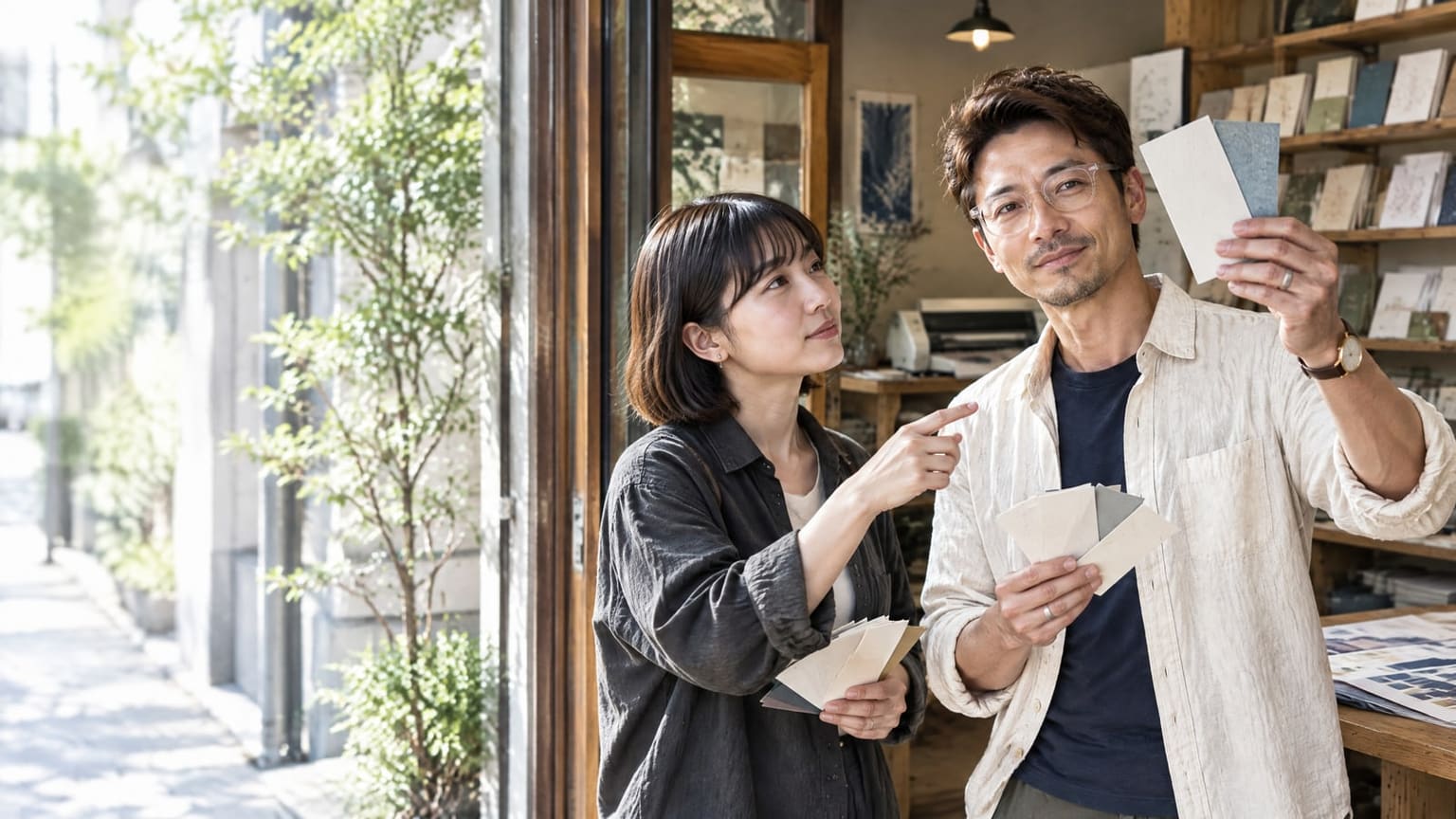 印刷した見本を手に、仕上がりを確認する二人