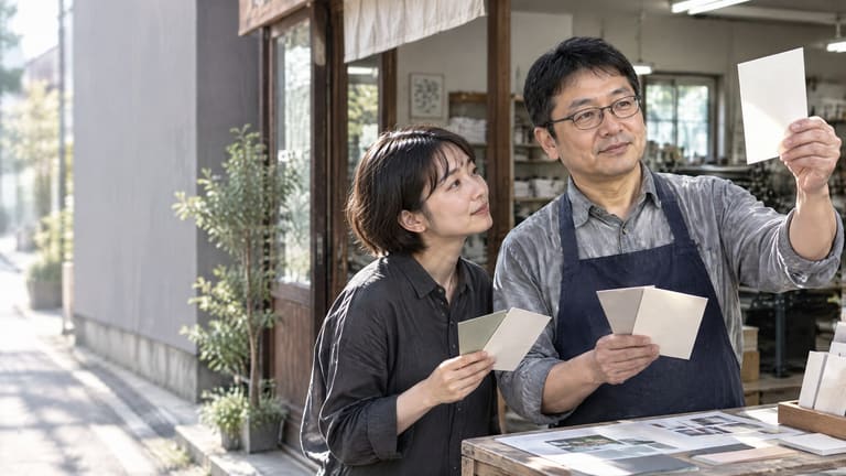 作業場で資料を広げて確認する二人