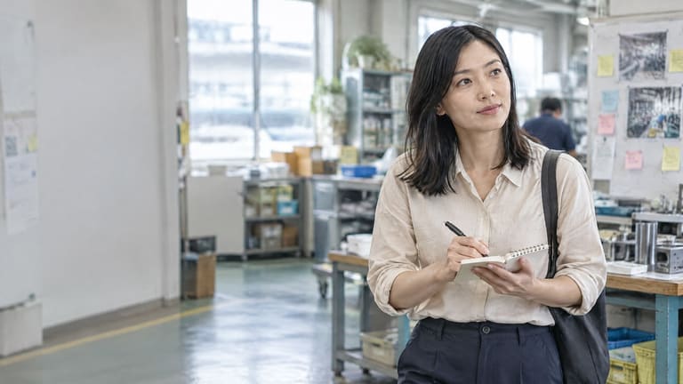 掲示された資料を前に情報発信について話す人