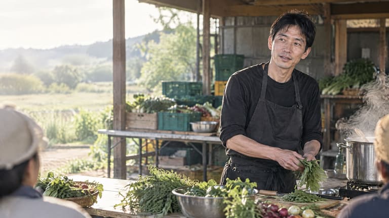 食材が並ぶ厨房で打ち合わせをする二人