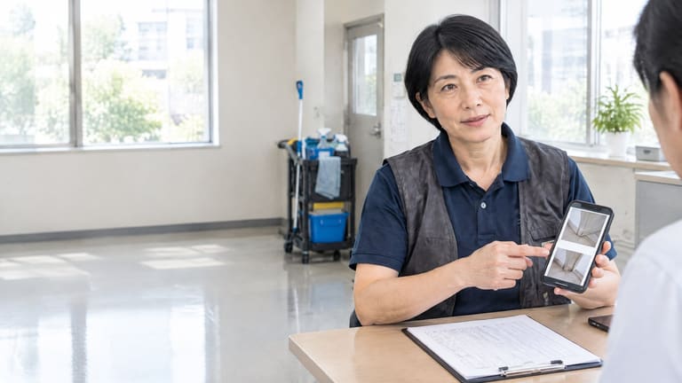 清掃道具のある部屋で作業内容を説明する人