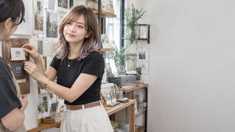 店内で見本を手に説明する人