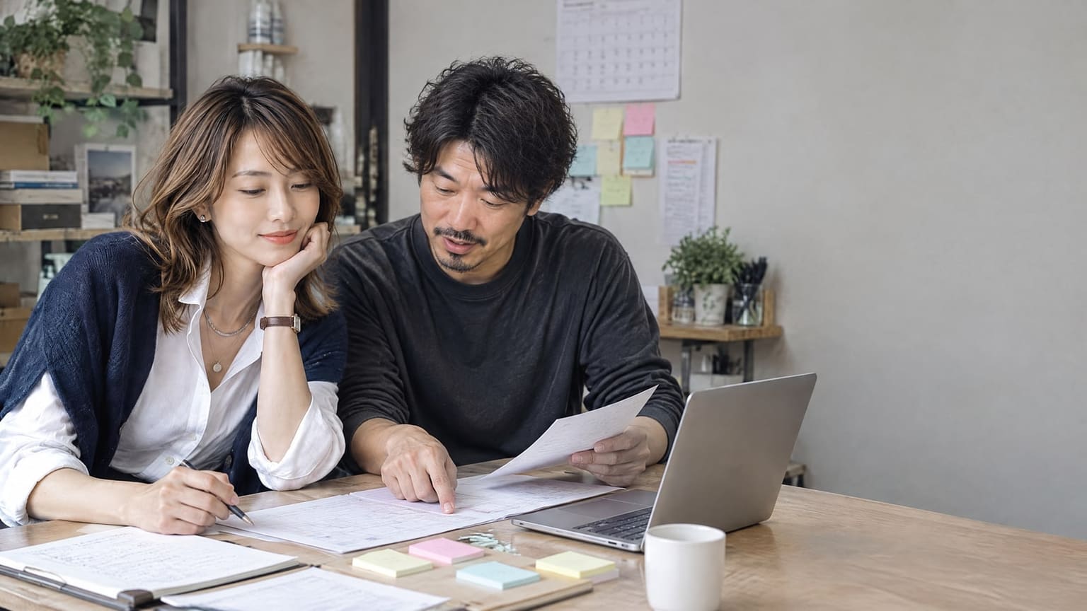ノートパソコンと資料を囲んで相談する二人