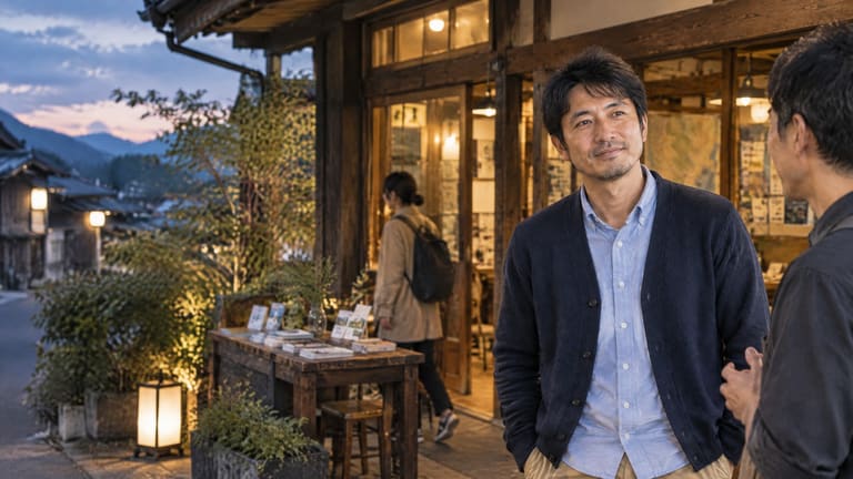 夕暮れの建物の前で打ち合わせをする二人