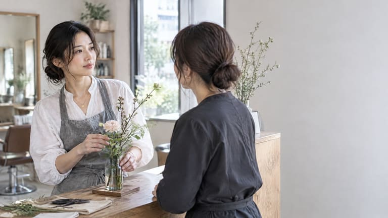 植物のある店内で手入れについて話す二人