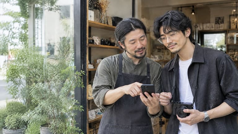 サロンで道具を見ながら話す二人
