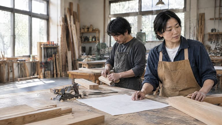 木工作業場で材料を確認する二人