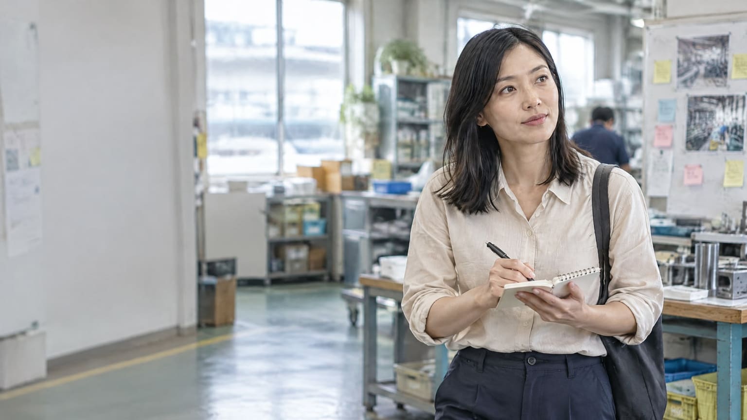 掲示された資料を前に情報発信について話す人