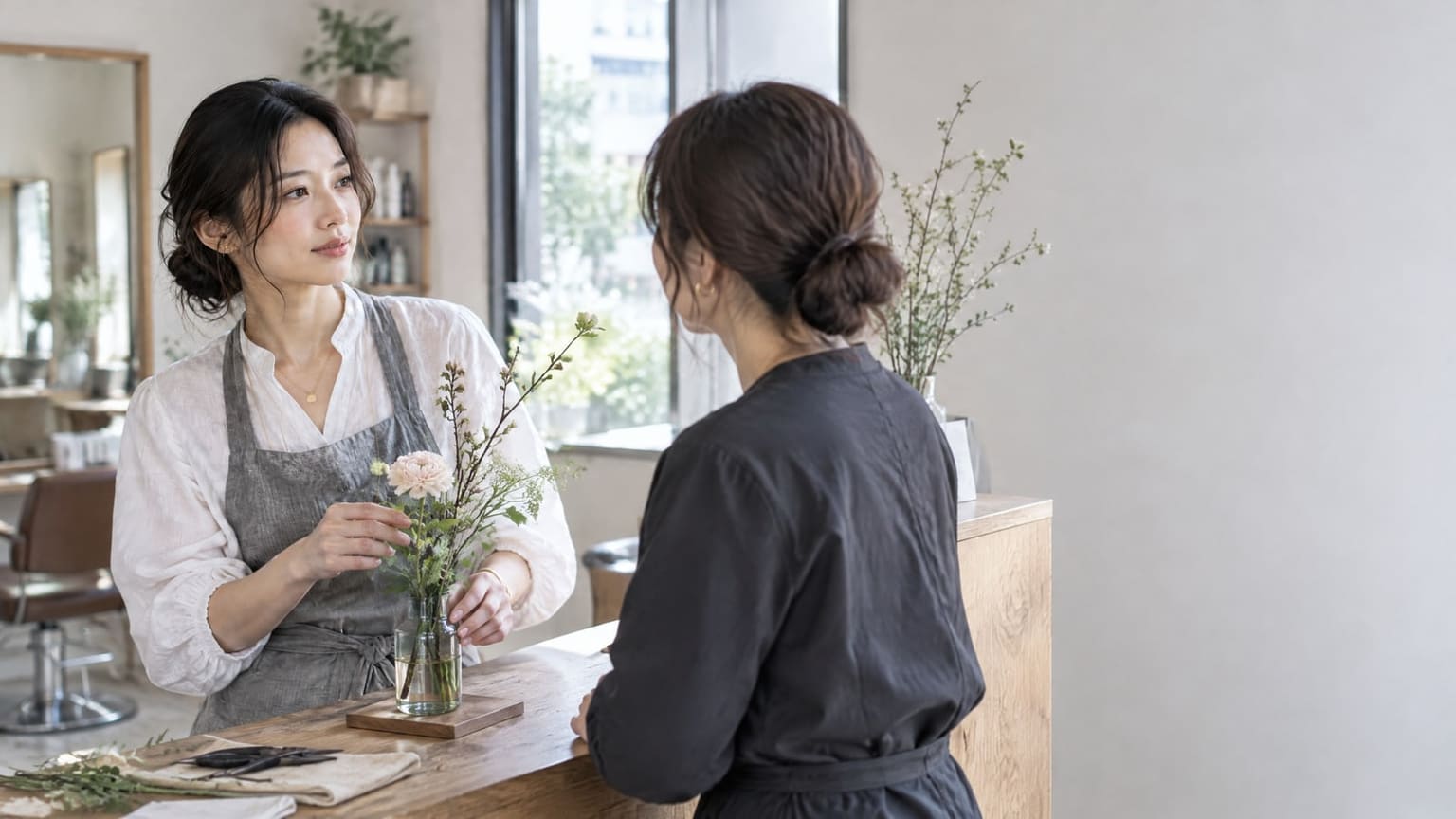植物のある店内で手入れについて話す二人