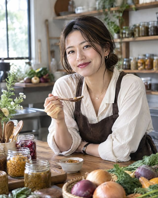 食材を並べた作業台の前でエプロンを着た女性