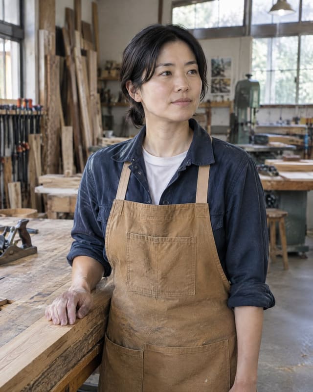 木工作業場でエプロンを着て立つ女性