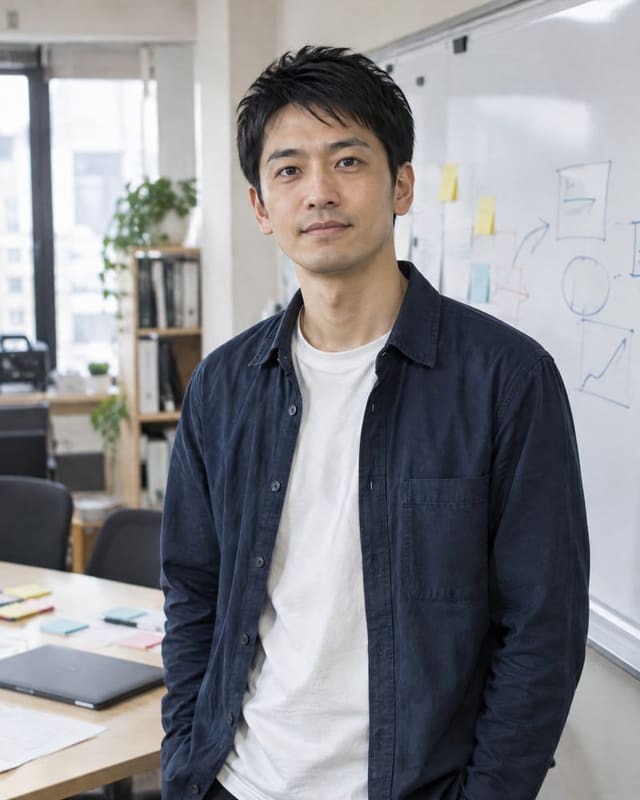 明るい仕事場で紺色のジャケットを着て立つ男性