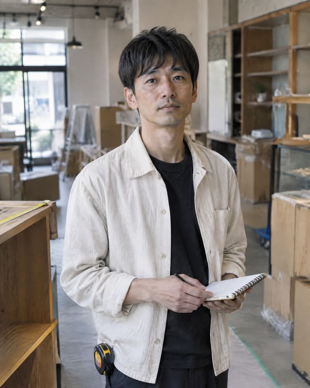 室内で図面と筆記具を手に立つ男性
