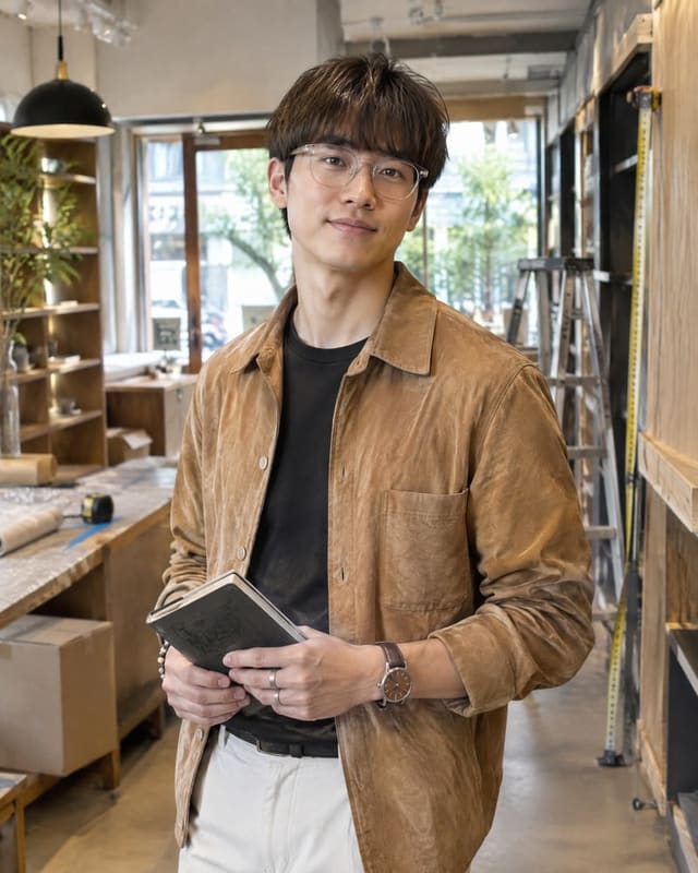 資料が並ぶ仕事場でタブレットを持つ男性