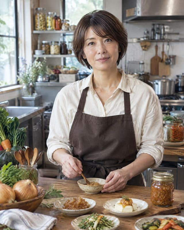 瓶詰めと食材が並ぶ作業台に立つ女性