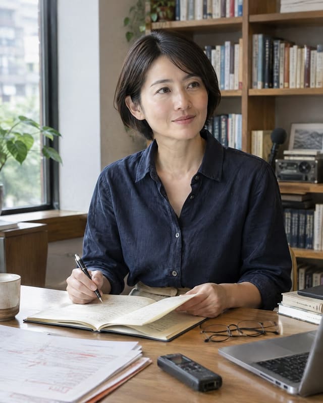 本棚のある仕事場でノートを開く女性