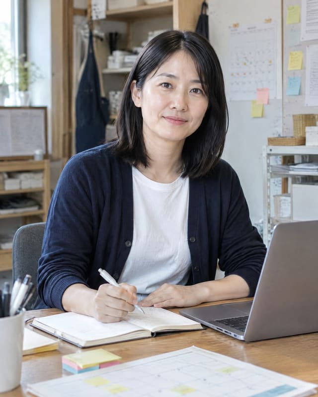 書類を広げた机に座る女性