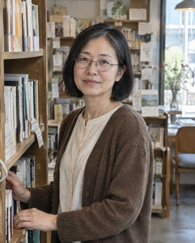 本棚の前で眼鏡と茶色のカーディガンを身につけた女性